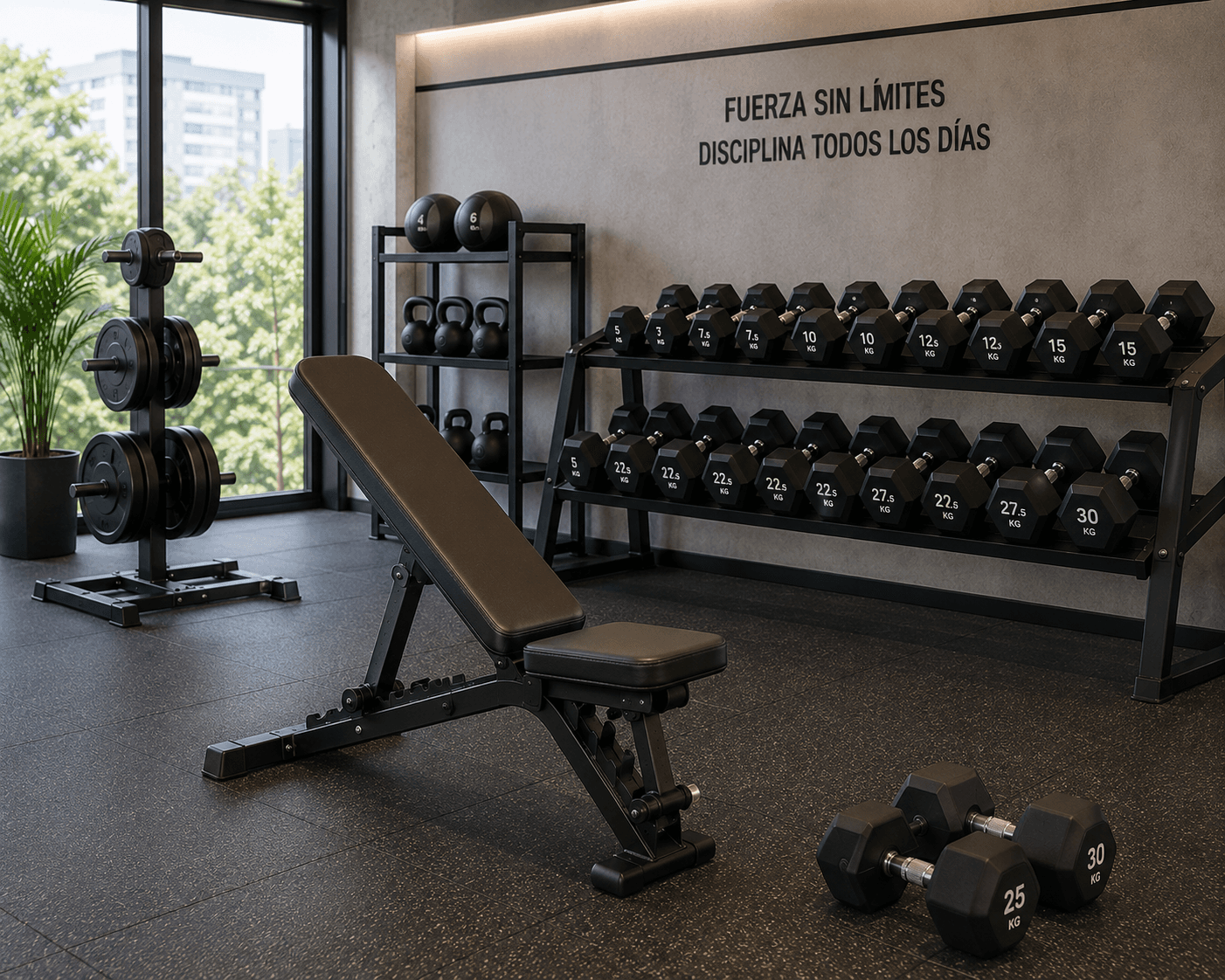 Zona de entrenamiento con equipamiento de peso libre