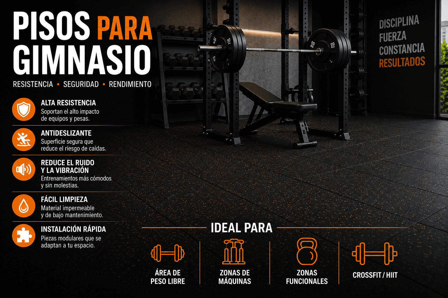Piso de caucho para gimnasio en una zona de peso libre, con beneficios de resistencia, seguridad y reducción de ruido