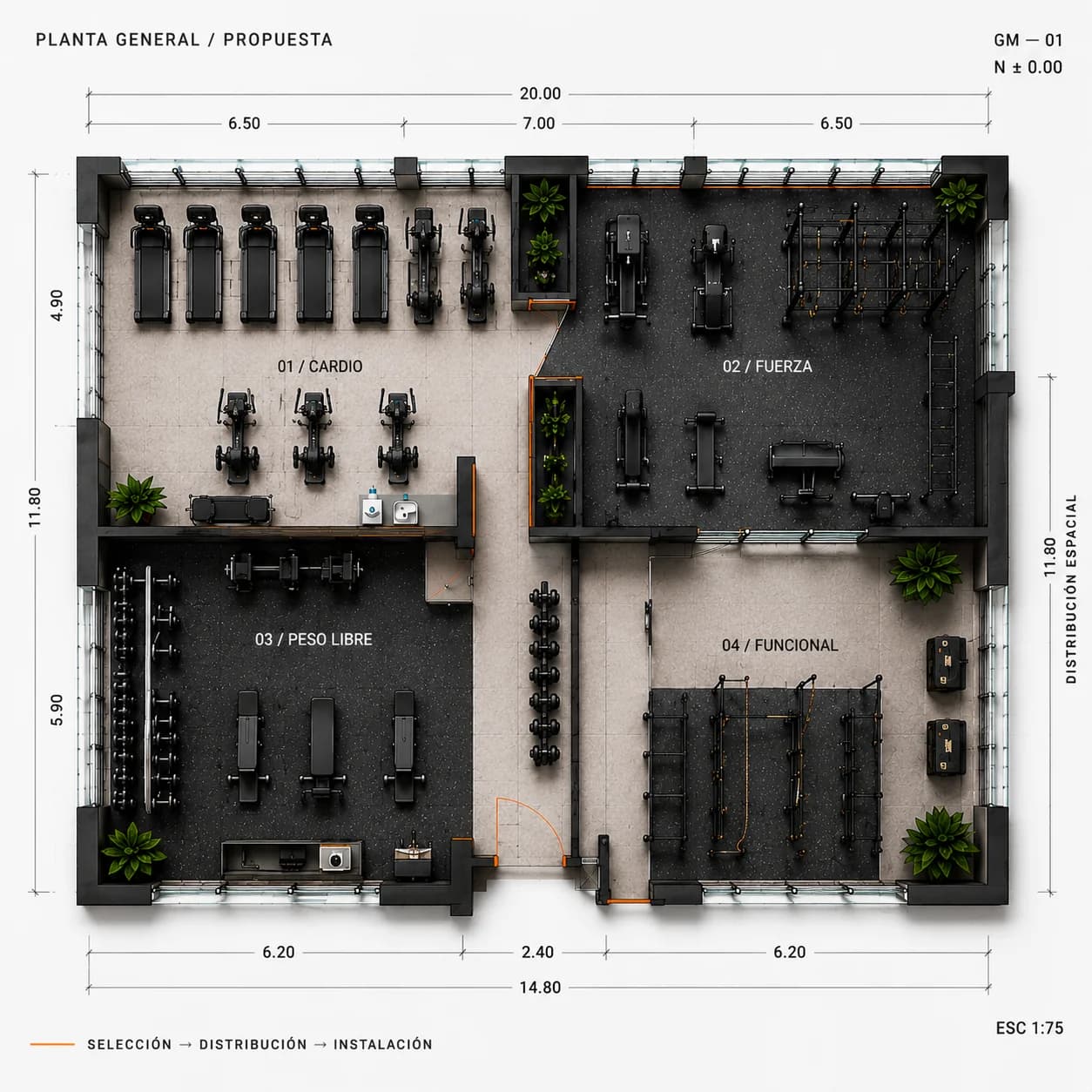 Plano arquitectónico de distribución de equipos para un gimnasio institucional